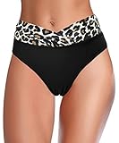 SHEKINI Damen Badeanzug Schwarze bauchweg Hohe Taille Badeshorts Abdominal Kontrolle Ruched Bikini Hose Volltonfarbe Retro Badehose Bikini Höschen (M, Leopard Druck B)