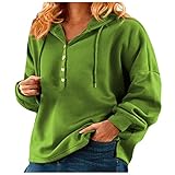 Damen V-Ausschnitt Mit Knopf Einfarbig Kapuzen Langarm Lose Kordelzug Pullover Casual Mode Sweatshirt Tops, Green04, 50