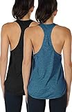 icyzone Yoga Sport Tank Top Damen Racerback Lauftop Fitness Running Shirt Oberteile, 2er Pack (XL, Black/Denim)