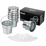 Wisolt Kleine Metalleimer, 8er Pack verzinkte Metalleimer mit Griff und 8er-Pflanzenetiketten, Mini-Rundkorb mit Blumentopf für kleine Pflanzen, Bonbonsnack, Partydekoration (Silber)