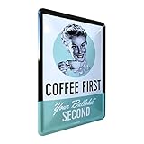 Nostalgic-Art Retro Grußkarte, Coffee First – Geschenk-Idee für Nostalgie-Fans, Blechpostkarte, Mini-Blechschild im Vintage-Design, 10 x 14