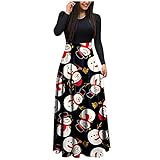 yiouyisheng Damen Maxikleider Weihnachten Kostüm Langarm Kleid Lang Hohe Taille Maxikleid Casual Lose Freizeitkleid Schneeflocke Schneemann Drucken High Waist Maxi-Kleid Party Abendk