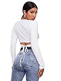 DIDK Damen Bauchfrei T-Shirt Crop Top Langarmshirt Kurz Tops Slim Oberteil Strick Shirts mit Schnürung am Rücken Weiß S