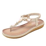 ZOEREA Damen Sandalen Flach, Bohemia Sommer Zehentrenner PU Leder Klassisch Strand Sandalen,Stil 3 Beige,38 EU (Etikette 39/245)