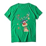 Masrin T Shirt Damen Herren Weihnachts Rentier Druck Oberteile Kurzarm Tee Tops mit O Ausschnitt Baggy Bequeme Tunika Fröhliche Familienbluse Paar Hemden Lässig