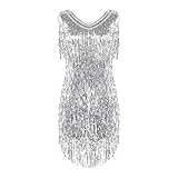 iixpin Damen Pailletten Latein Salsa Rumba Tanzbauch Kleider Tanzkleid Metallic Kleid Glitzer Latin Kleider Sparkle & Shine Tanzkleid für Party Performance A Silber M