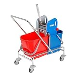 STIER Reinigungswagen Standard Set, inkl. STIER Wischmop Set und 5x STIER Moppbezug, Profi Putzwagen, mit Presse, mit 2 Eimern mit 25 l in rot/blau, Doppelfahrwag