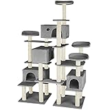 tectake 800920 XXL Katzen Kratzbaum mit Aussichtsplattformen und Katzenhäusern, mehrere Ebenen, Stämme mit Sisalseil umwickelt, 214 cm hoch (Grau | Nr. 403920)