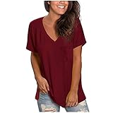 Fmkaieo T-Shirt für Damen, lässig, V-Ausschnitt, einfarbig, mit Taschen, kurz, aus Spitze, elegantes Desig