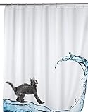WENKO Anti-Schimmel Duschvorhang Cat, Textil-Vorhang mit Antischimmel Effekt fürs Badezimmer, waschbar, wasserabweisend, mit Ringen zur Befestigung an der Duschstange, 180 x 200