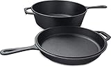 KICHLY Beschichteter Gusseisen Schmortopf, 2 in 1 Combo Kocher mit 26 cm (10.25 Inch) Pfanne und 3.2 Quart Dutch Oven für Herd & Camping, für den Außen- & Innenbereich – Schw