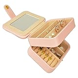 Reise-Schmuckkästchen, klein, Reise-Schmuckkästchen für Ringe, Ohrringe, Halsketten, 2-lagiger Schmuckorganizer für Frauen und Mädchen, rosa mit Spieg