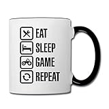 Spreadshirt Eat Sleep Game Repeat Zocker Tasse zweifarbig, Weiß/Schw