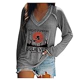 Wave166 Oversize Pullover Damen Halloween Kostüm Graphic Gedruckt T-Shirt Tops Blusen Sexy V-Ausschnitt Langarmshirt Oberteile Karneval Partyshirt Outwear Streetw