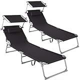 TecTake 800773-2er Set Sonnenliege mit Dach, klappbare Strandliege, Gartenliege mit Kissen, Sonnendach verstellbar, Liegestuhl mit Verstellbarer Rückenlehne - Diverse Farben - (Schwarz | Nr. 403416)