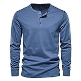 Herren Basic Langarm Henley Shirt Leicht Rundhalsausschnitt Bequeme Passform Knopf Shirts, blau, S