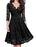 KOJOOIN Damen 50er Jahre Kleider Festliches Spitzenkleid Abendkleider Vintage Ballkleid Kurzes A-Linie Cocktailkleid (Gr.34-48) A-Schwarz (Lange Ärmel) XXL