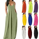 HXZH Damen Kleider Sommer Sexy O Ausschnitt Spaghettiträger Rückenfrei Sommerkleid Casual Urlaub Kleid Einfarbig Ärmellos Übergröße Loungewear Nachthemd Lang Maxi Taschen Kleid Gr. Small, Schw