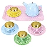 Jojofuny 15-teiliges Set für Kinder, zum Spielen von Tee, Spielzeug, Weißblech, Teekanne, Tasse, Löffel, Dessert, Serviertablett, lustiges Spielen, Küche, Pretend Spielzeug fü