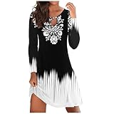 Freizeitkleid Damen Retro Drucken Rundhals Strandkleid Frauen Elegant Langarm Partykleid Slim Fit Knielang Kleid Frühling Sommer Lässig A-Linie Party Kleider Ballkleid M
