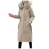 GOKOMO Damen Winter Dick und Dünn Lang Mantel Abnehmbar Intern Übergangsmantel Herbst Trenchcoat Einfarbig Warm Plüsch Kapuze Taillenkordelzug Schlank Lang Elegant Mantel Warm(L,Khaki)