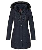 Geographical Norway Damen Winter Mantel mit Kunstfellkragen Jacke Parka Wintermantel Outdoorjacken Damenjacke Winterjacken Damenmantel D-449 Navy M