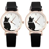 Abaodam 2 Stücke Kinder Schwarze Katze Uhr Cartoon Kätzchen Tier Runde Uhr Mit PU Lederband Multifunktions Quarzuh Für Kinder Geburtstagsgeschenk