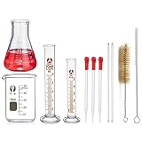 Glas Erlenmeyerkolben Set, JESTOOLO 50 ml Becherglas, 50 ml Konisch Fläschchen, 10 ml/5ml Messzylinder Glas mit 3 Glas Pipetten, 2 Waschbürste und 2 Glasstab, für Labor Lebensmittel Forschung M