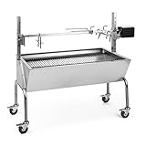 OneConcept Sauenland - Grill, Spanferkelgrill, Lammgrill, Holzkohlegrill, Elektro-Motor, Edelstahl-Drehspieß, höhenverstellbar, 2 Grillroste, 4 Rollen, mit Bremsen, Silb