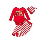 WANGSAURA Neugeborenes Xmas Baby Junge Mädchen Erste Weihnachten Hirsch Weihnachtsmann Strampler + Gestreifte Hosen 2pcs Outfits Set (Weihnachts Rentier Gestreift 3 TLG,0-3 Monate)
