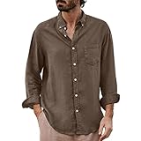 Hemd Herren Loose Einfarbig Revers Langarmshirt Herren Vintage Einfachheit Sandstrand Style Hemd Herren Klassische Knopfleiste Lassig Leinenhemd Herren B-Brown 3XL