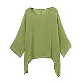 LOPILY Oversize Leinen Oberteile Damen Große Größen Asymmetrische Bluse Federmausärmel Tunika Urlaub Unregelmäßige Saum Shirts Langarmshirts Herbst Lose Lässige Bluse Gr.56 54 52 (Grün, 48)