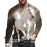 T-Shirt Herren Rundhals Frühling Herbst Interessant 3D Pferd Druck Herren Longsleeve Shirt Slim Fit Stretch Street Sport Style Casual All-Match Herren Base Shirt V-M31 L