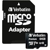 Verbatim Premium microSDXC Speicherkarte inkl. Adapter I 64 GB I schwarz I SD Karte für Full-HD Videoaufnahmen I wasserabweisend & stoßfest I SD Speicherkarte für Kamera Smartphone Tab