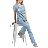 BIKETAFUWY Kasack Sets Damen Berufskleidung Suits Günstig 2-Teiliges Outfit Pflege Kittel V-Ausschnitt Zipper Schlupfkasack Laborkittel Einfarbig OP-Kleidung Damenkittel Kurz Tshirt + Hosen U