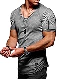 Herren Kurzarm Basic T-Shirt V-Neck Ausschnitt Oversize-Look Zipper 20-1791 Dunkelgrau L