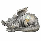 TERESA'S COLLECTIONS Drachen Figuren Solarleuchte 24.5cm schlafender Drache Gartenfigur Solar LED Gartenleuchte Dinosaurier Steinfigur aus Kunstharz Frostfest Wetterfest Gartenfiguren für Auß