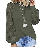 N /D Frauen Casual T-Shirt Spitze Hollow Out Laterne Ärmel Patchwork Tops Lose Bluse, armee-grün, Larg