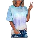 GOKOMO Damen Bunt T-Shirt mit Rundhal Gradient T-Shirt Locker Große Größe Bluse Kurzarm Frühling Sommer T-Shirt Tops Tunika Oberteile für Damen(L,Himmelblau)