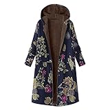 Damen Fleece Vintage Patchwork Blumendruck Langarm Plus Size Hoodie Winter Warm Dicker Outwear Parka Jacke Mit Kapuze Oversize Coat Lässig Frauen Mäntel Große Größe Kapuzenpullover Cardigan T