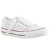 stiefelparadies Sportliche Damen Sneakers Metallic Schnürer Sneaker Low Spitze Blumen Denim Stoff Flats Schuhe 142137 Weiss Rote Streifen 37 F