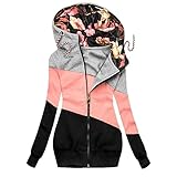 Longpullover Damen Herbst Winter Reißverschluss Jacke Sweatshirt Langarm Mantel Hoodie Kapuzenpullover Warme Lange Jacke Mode Patchwork Winterjacke Wintermantel Outdoor Schlanke Outwear W