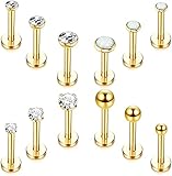 CASSIECA 12 Stück Edelstahl Lippenpiercing Stud Labret Piercing für Frauen Männer 16 Gauge Kugel Zirkon Opal Labret Schwarz Silber Ohrstecker Knorpel Helix Tragus Ohrringe Lippe Piercing, 6mm 8