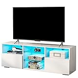 Moderner Lowboard Weiß mit Schöne Led Beleuchtung und Vitrine Ablage Glas,TV Schrank Weiss mit 2 Türen Aufbewahrung für Wohnzimmer Schlafzimmer 130 x 33,5 x 45