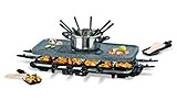 Raclette mit Fondue Set | Antihaftbeschichtung & Steinplatte zum Grillen und Braten | 12 Raclette-Pfannen | 8 Fondue-Gabeln | 1.600 W