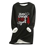 TTWOMEN Weihnachten Damen Dickes Fleece Pullover Sweatshirt Rundhals Langarm Plüsch Warme Unterwäsche Top