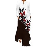 liulangzhe No1 Damen Plus Size Maxikleider mit Taschen, Casual Sommer 3/4 gekerbter V-Ausschnitt Loses Langes Bauernhemd Kleid Blumen Sommerk