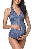 Octopus Damen Umstandstankini Neckholder Top mit Slip oder Hotpants Schwangerschafts Bademode f5634 Farbe: Blau gepunktet T17(1090)+S1(sw), Gr. 42