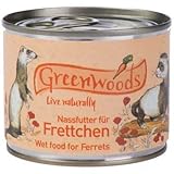 Greenwoods Nassfutter für Frettchen. Ein hochwertiges komplettes Nassfutter für Frettchen. Hergestellt mit Hühnerherzen, fettarmem Hühnerfleisch und nahrhaften Hühnerstauben. Sparpackung: 24 x 200 g