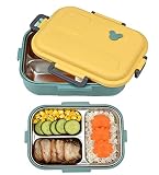 800 ml Bento Box, Drei-Raster-Lunchbox, Auslaufsichere Brotzeitbox, Edelstahl Brotdose, Geeignet für Arbeit, Reisen, Picknick (Grün)